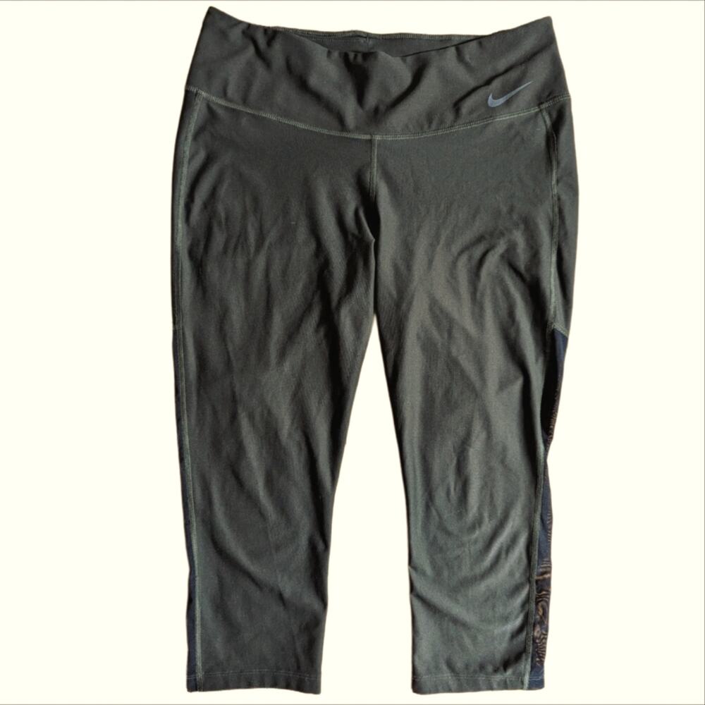 Nike Dri Fit High Rise Army Green Mesh Side Cropped Running Leggings Size L